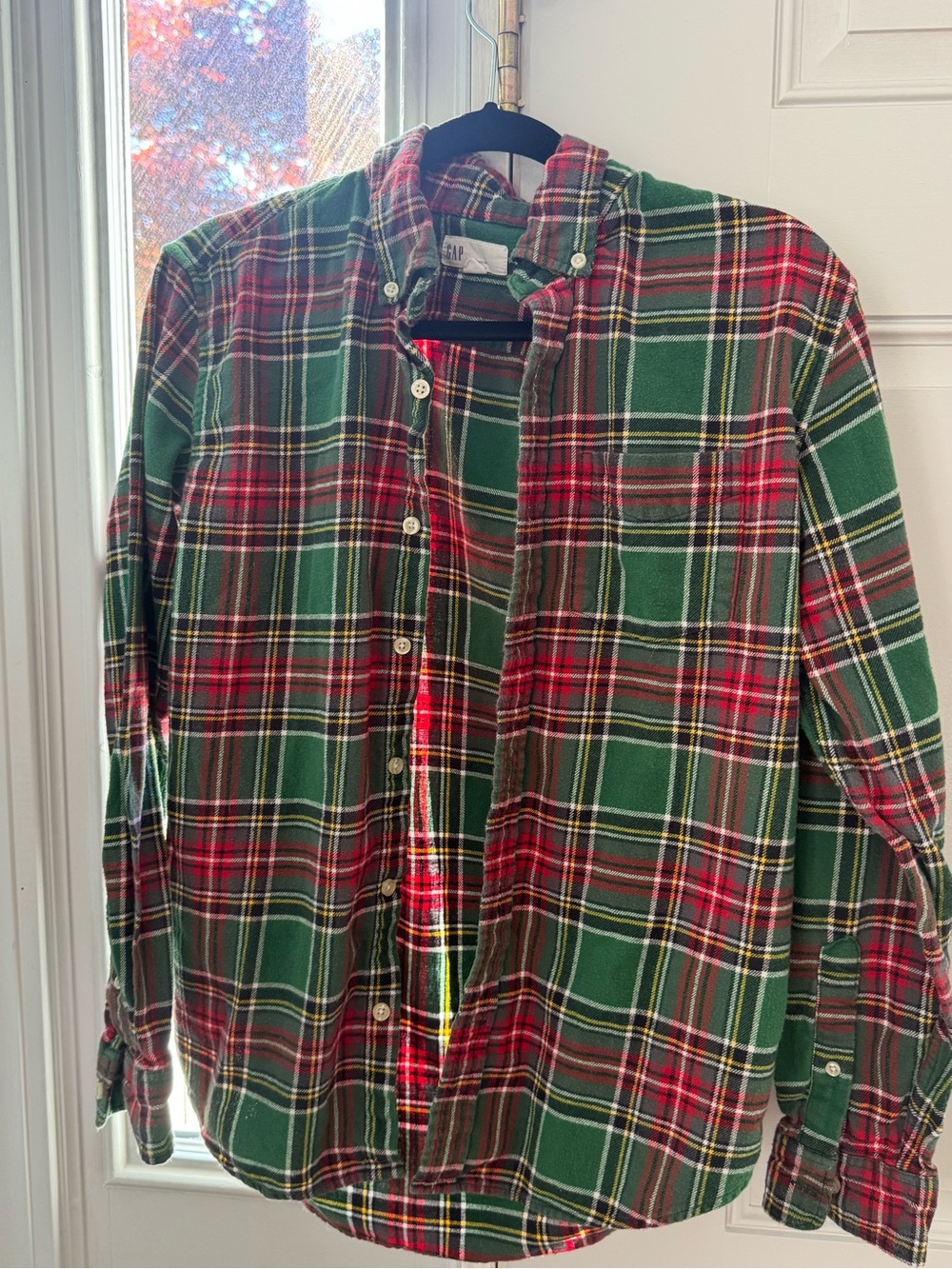 GAP Men's Green and Red Plaid Button-Down Shirt